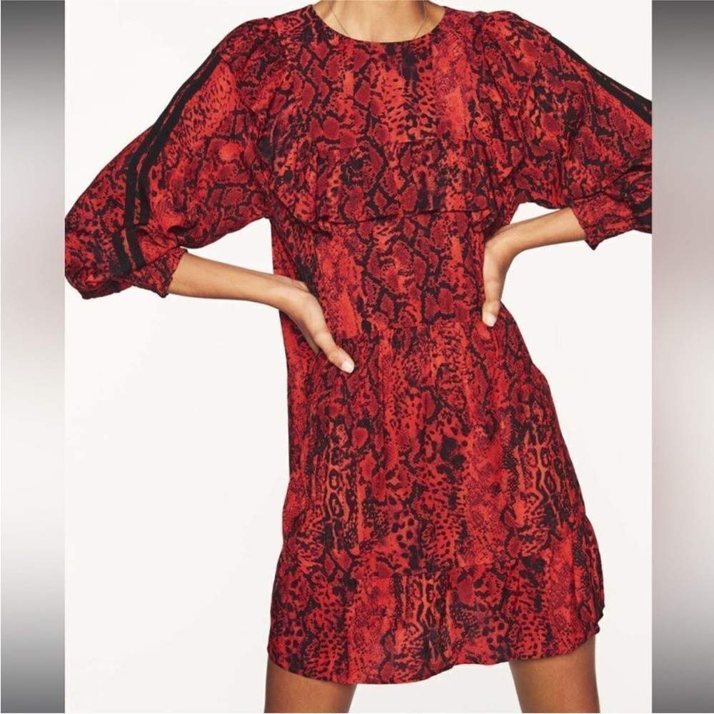 ba&sh Sym Red Snakeskin Print Ruffled Crepe Mini Dress‎